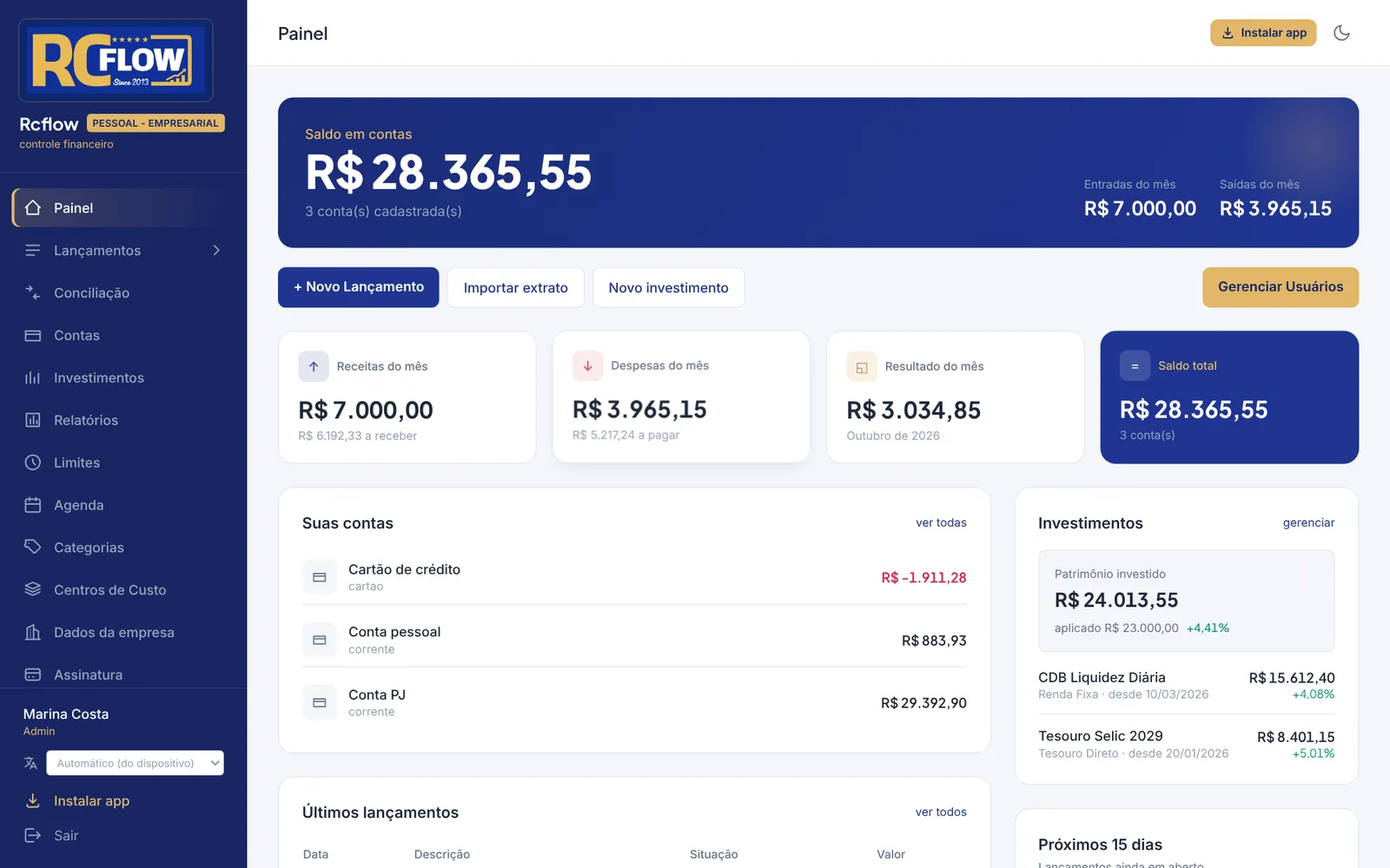 Painel do Rcflow com saldo em contas, receitas e despesas do mês